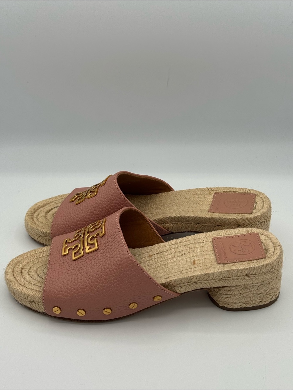 Tory Burch Britten Espadrille Leather Slide Sandals Mules Pink Moon Gold Logo - Picture 3 of 13